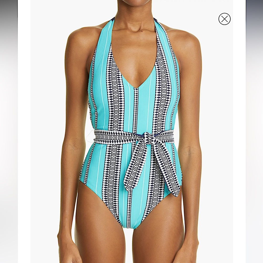 NWT Lemlem turquoise navy white tribal stripe belted swimsuit size medium